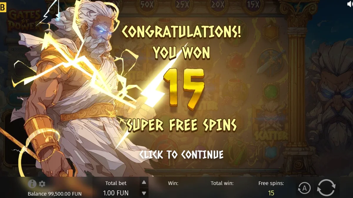 หน้าจอเกมสล็อต Gates of Power ที่มีธีมเทพเจ้ากรีกและสายฟ้า