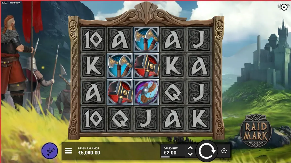 หน้าจอเกมสล็อต Raidmark พร้อมธีมไวกิ้งและเรือรบ