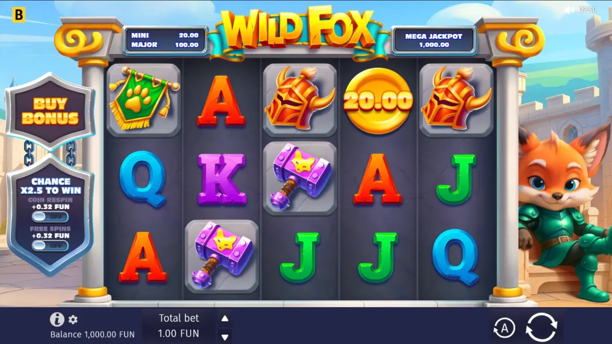 ภาพหน้าจอของเกมสล็อต Wild Fox โดย BGaming แสดงอัศวินจิ้งจอกและวงล้อที่เต็มไปด้วยสัญลักษณ์ธีมยุคกลาง