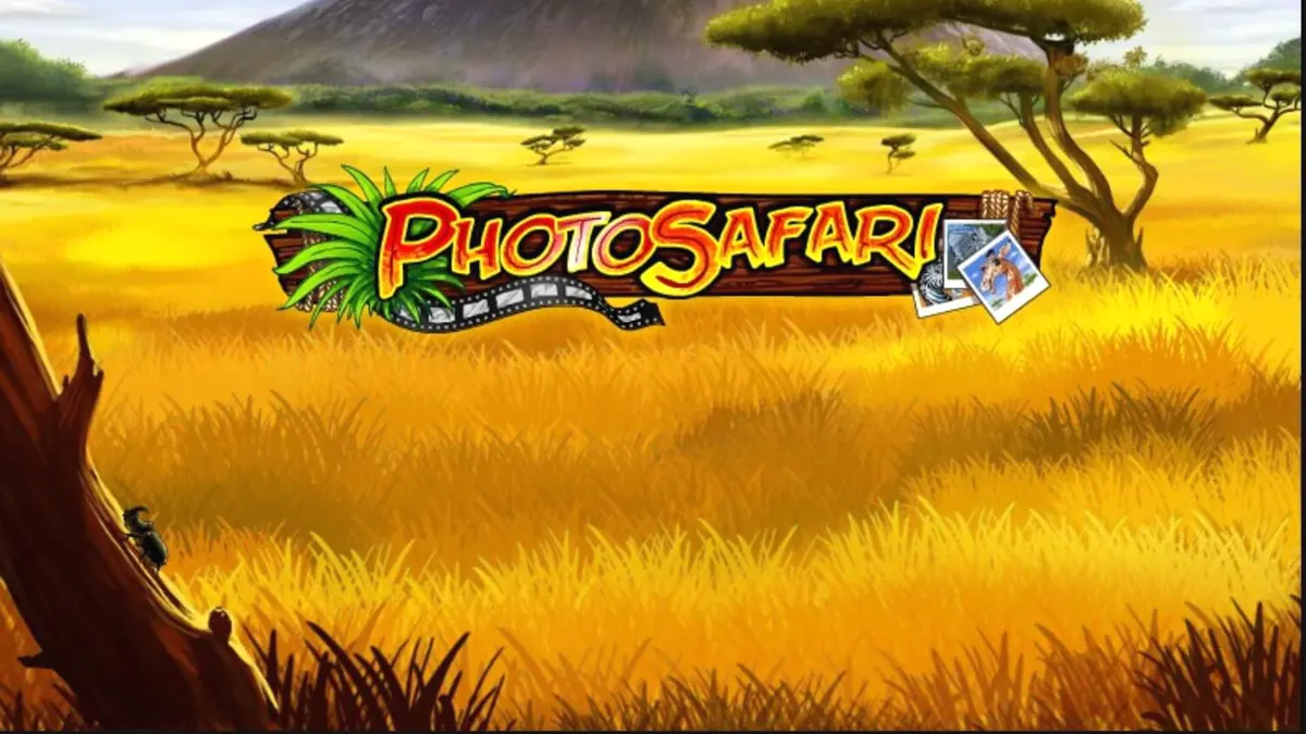ภาพบรรยากาศเกมสล็อต Photo Safari พร้อมสัญลักษณ์สัตว์ป่าและอุปกรณ์ถ่ายภาพ