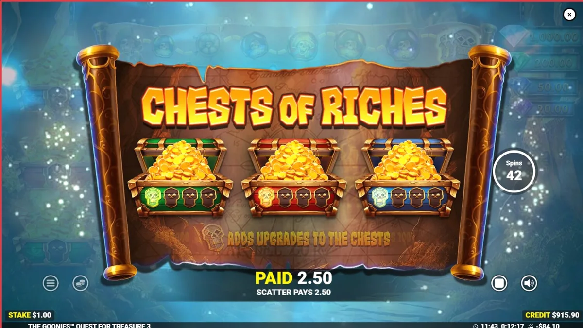 ภาพกราฟิกจากเกมสล็อต The Goonies Quest for Treasure 3 ที่เต็มไปด้วยบรรยากาศการล่าสมบัติ